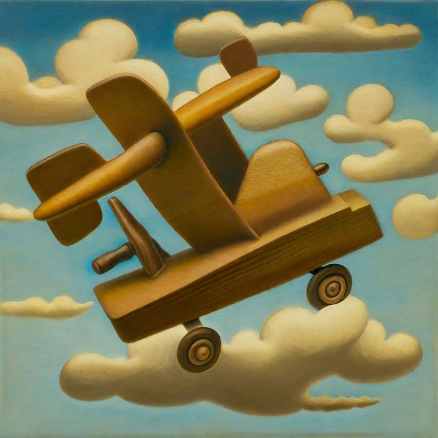 An impossible wooden aircraft with hand-tool-like forms, floating among soft clouds.