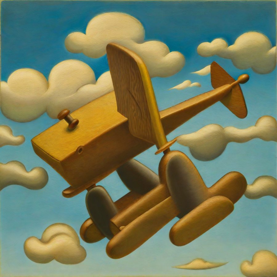 A wooden aircraft hybrid with a box-like body, upright blade-shaped wing and rounded runners.