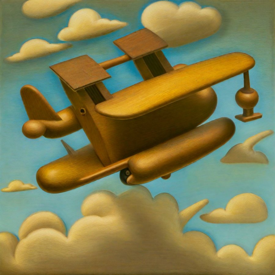 An improbable wooden flying object with broad wings, turned knobs and mismatched supports.