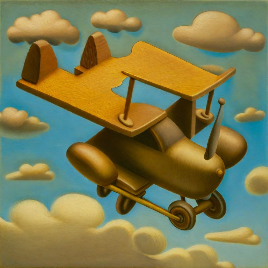 A bulbous wooden biplane-like object with irregular wings and a single visible wheel.